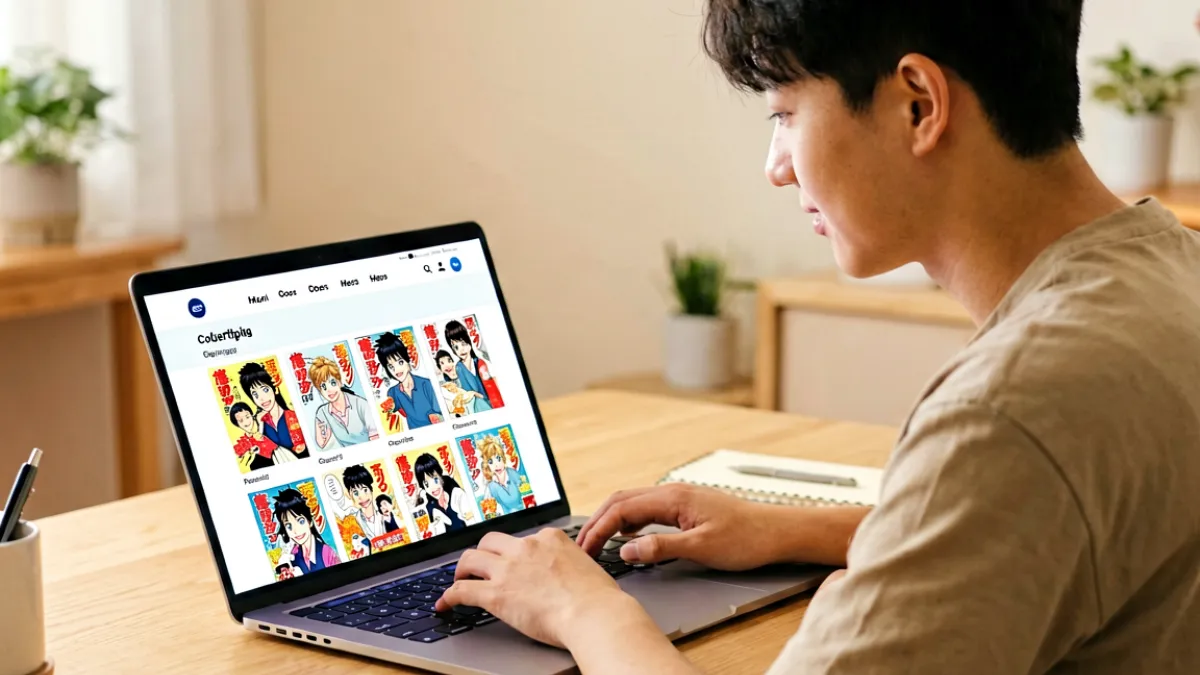 一位年轻读者坐在电脑前，屏幕上显示着禁漫天堂网站的漫画阅读界面，页面排版清晰，左侧是漫画列表，右侧是阅读面板，整体色调温暖舒适