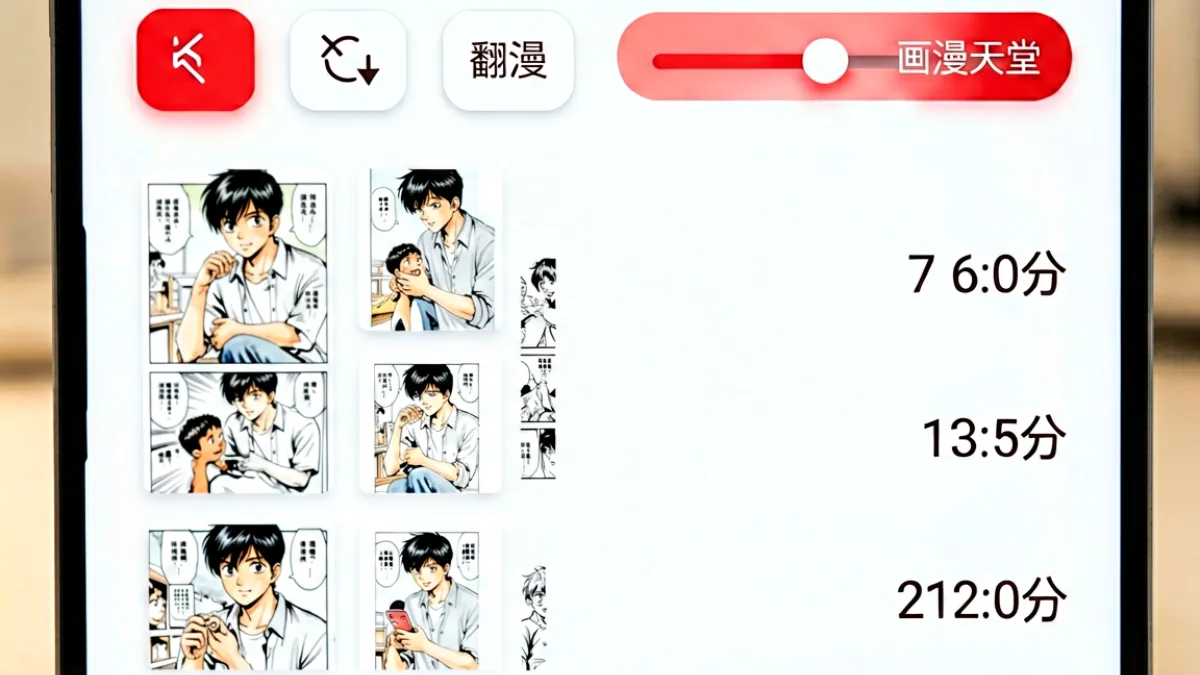 禁漫天堂漫画阅读界面的特写截图，显示顶部工具栏中有翻页模式按钮和画质调节滑块，左侧是漫画分镜预览缩略图，右侧是当前阅读页码提示，整体界面简洁明了